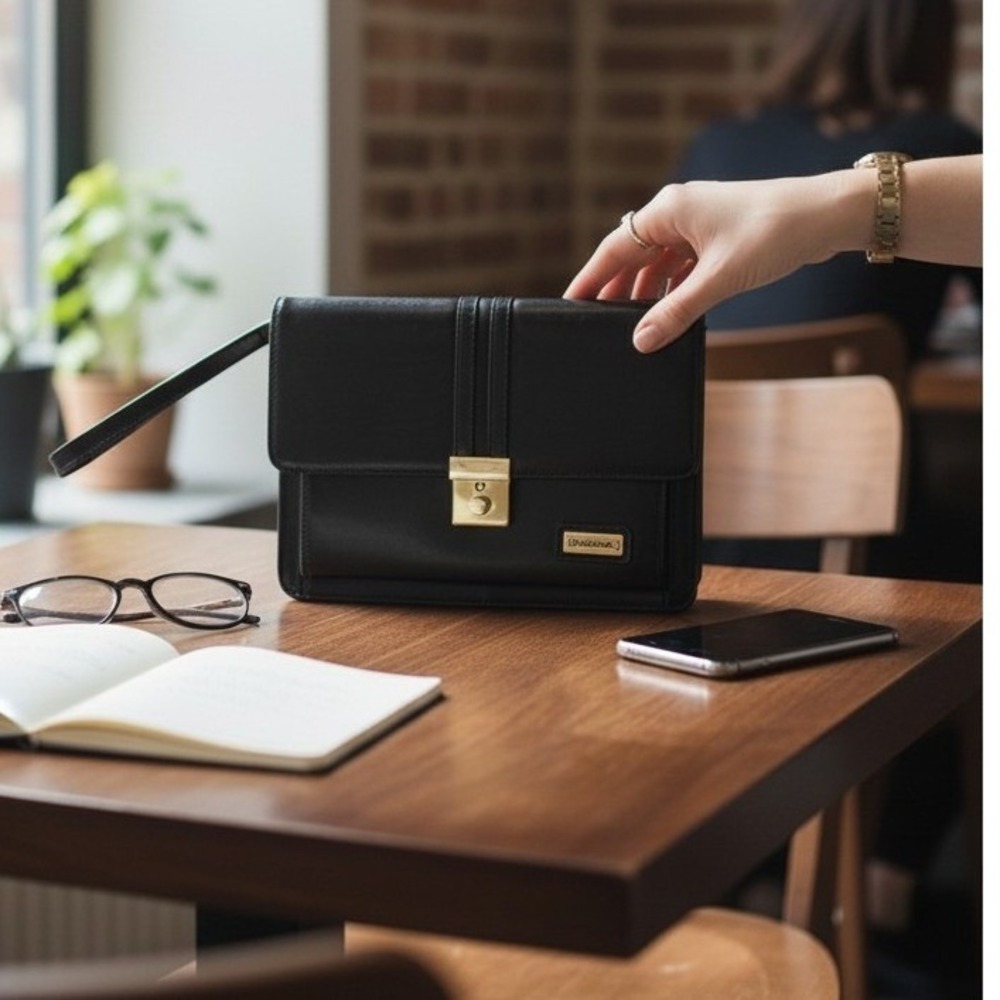 Quiet Luxury Black Leather‎ Structured Clutch Wedding Guest Classic Minimalst